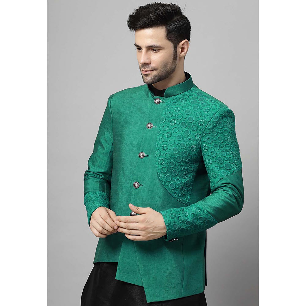 UTSAV FASHION Men Green Embroidered Dupion Silk Kurta and Pant with Jacket