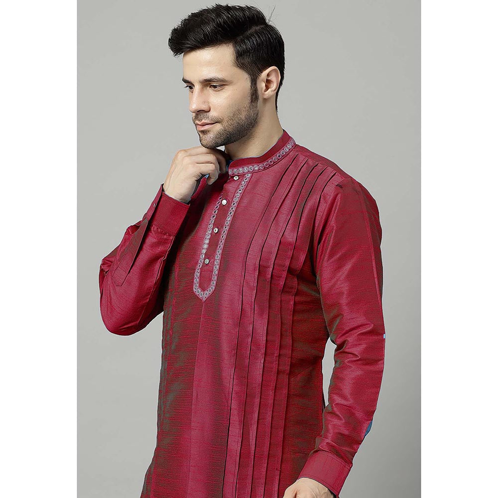 UTSAV FASHION Maroon Men Yoke Design Pleated Mirror Work Kurta and Pant