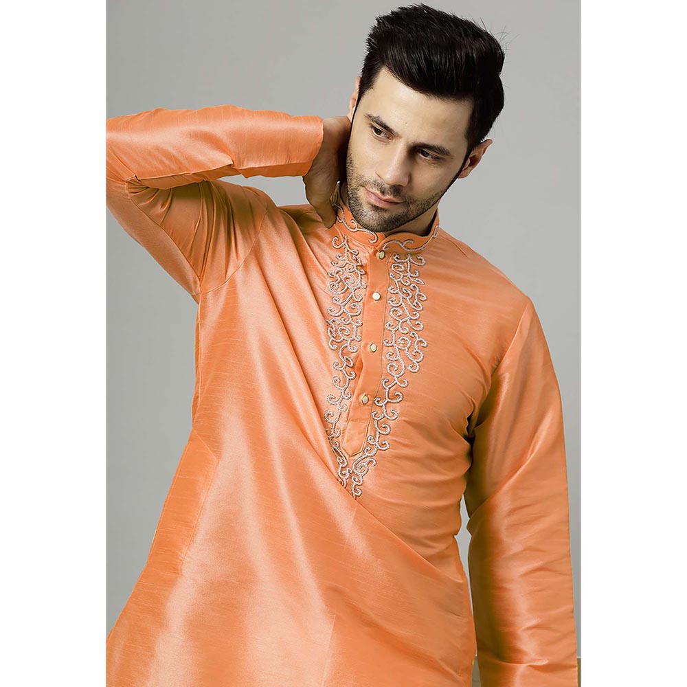 UTSAV FASHION Orange Mandarin Collar Beads and Stones Straight Kurta and Pant