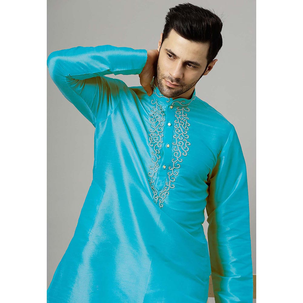 UTSAV FASHION Turquoise Mandarin Collar Beads and Stones Straight Kurta and Pant