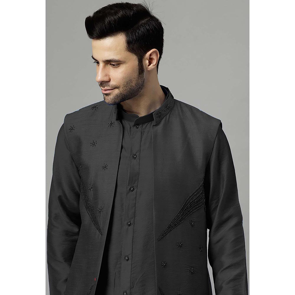 UTSAV FASHION Black Dupion Silk Straight Kurta and Pant with Jacket