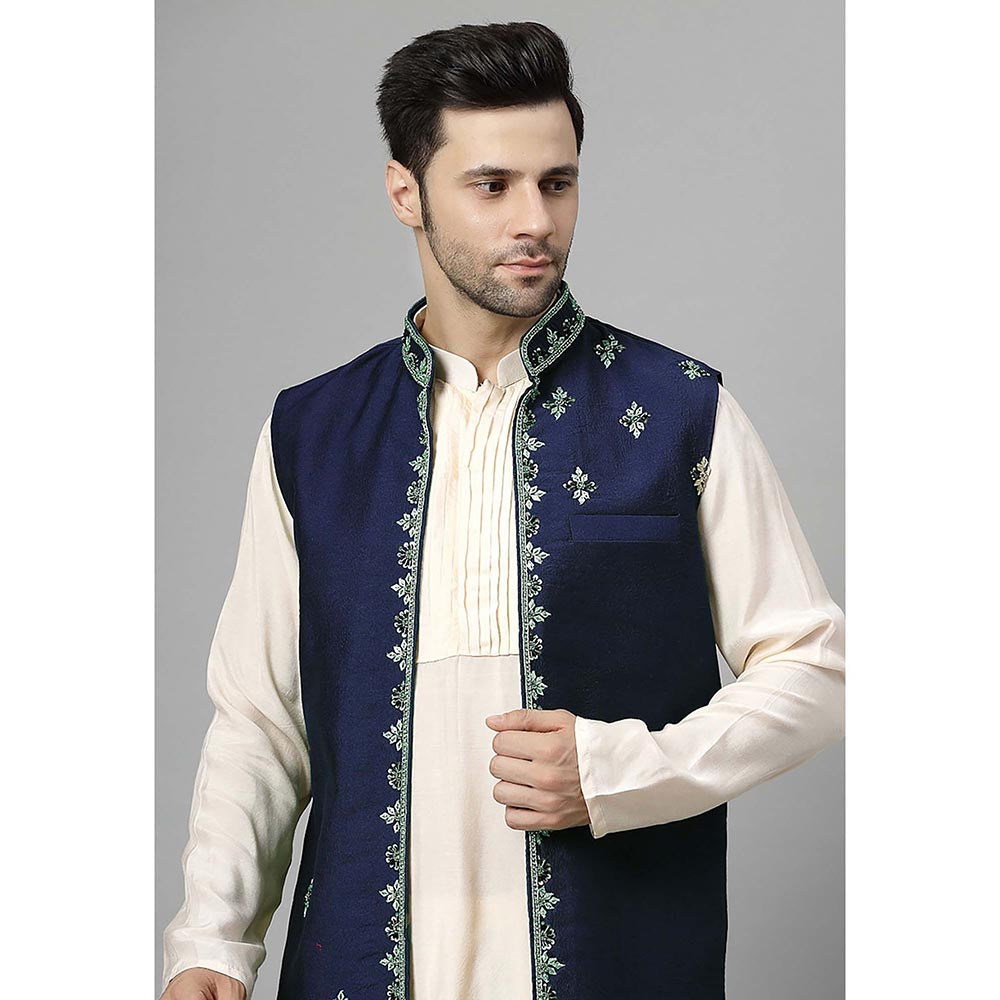 UTSAV FASHION Men Navy Blue Beads and Stones Kurta with Pant and Jacket