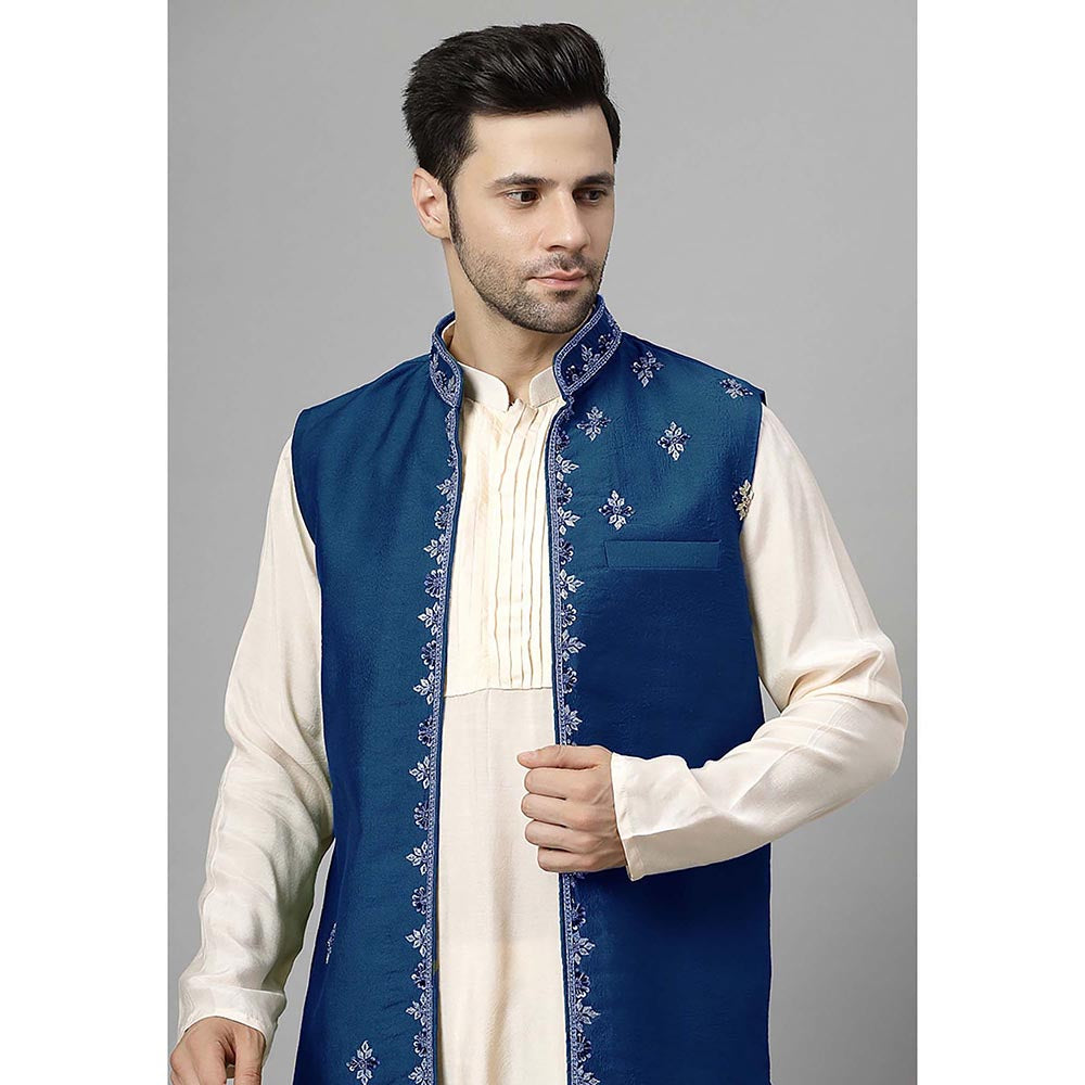 UTSAV FASHION Men Blue Beads and Stones Kurta with Pant and Jacket