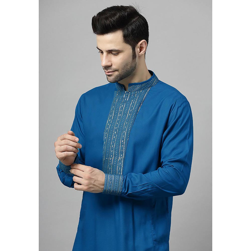 UTSAV FASHION Blue Sequinned Mandarin Collar Straight Kurta and Pant