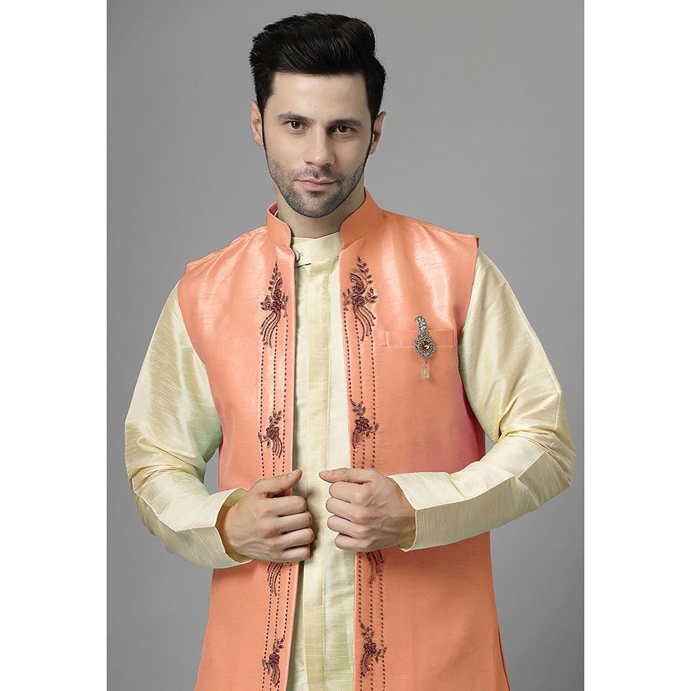 UTSAV FASHION Men Orange Ethnic Beads and Stones Kurta Pant and Jacket
