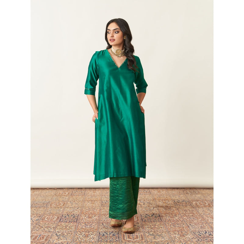 Vaaya The Panna Silk Chanderi Green Kurta with Palazzo (Set of 2)