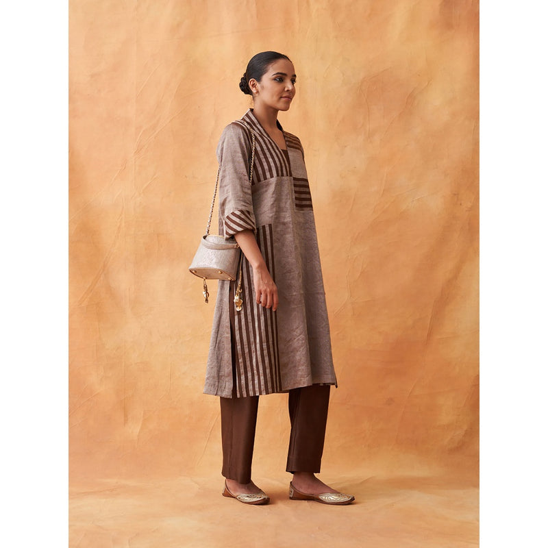 Vaaya The Tamra Silver & Brown Striped Silk Tissue Chanderi Kurta with Pant (Set of 2)