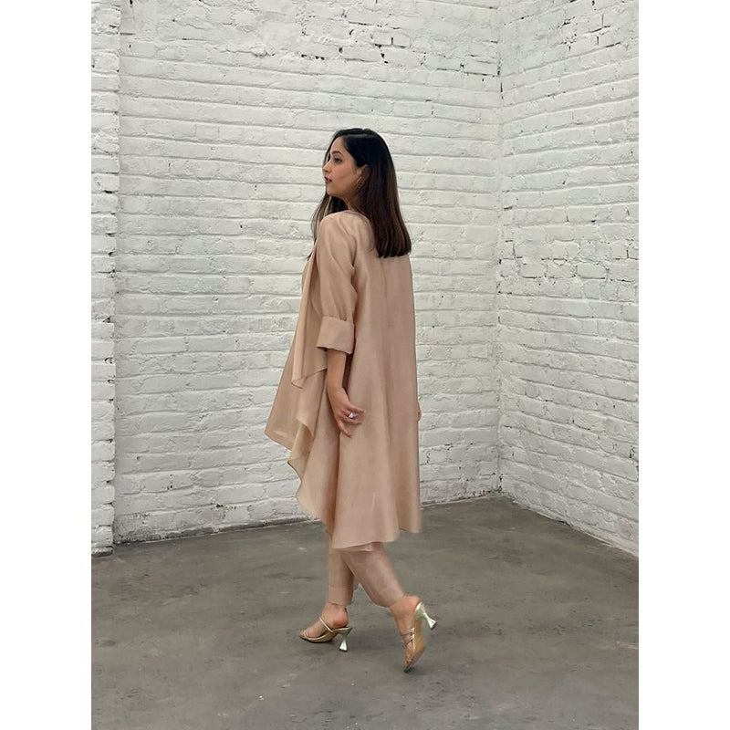 Vaaya The Waterfall Ensemble Kurti with Overlay and Pant- Champagne (Set of 3)