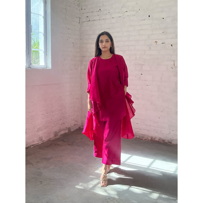 Vaaya The Waterfall Ensemble Overlay with Kurta and Palazzo - Rani Pink (Set of 3)