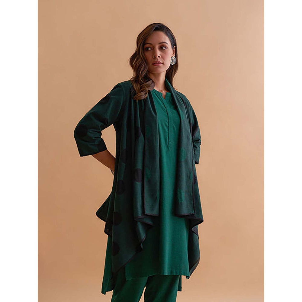 Vaaya Emerald Green And Black Handwoven Polka Dot Reversible Cape