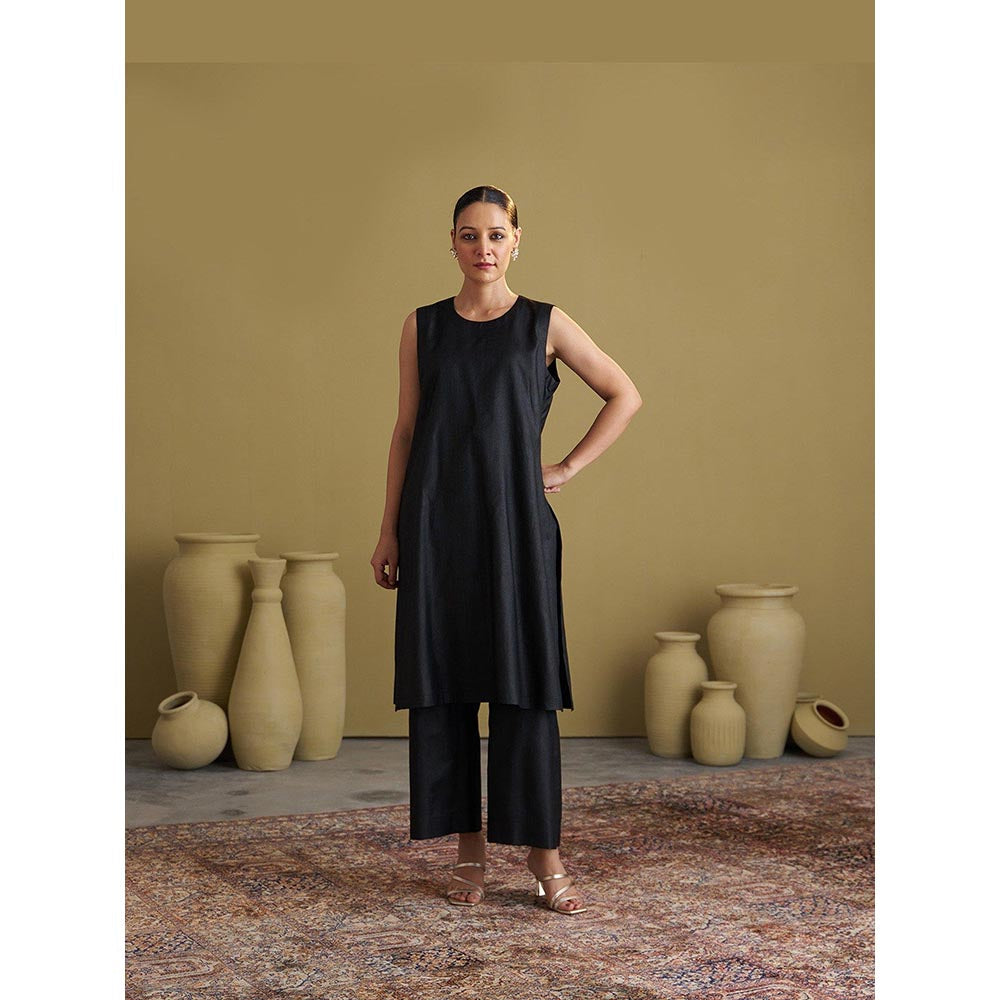 Vaaya Silk Cotton Black Kurta With Pant And Jacket