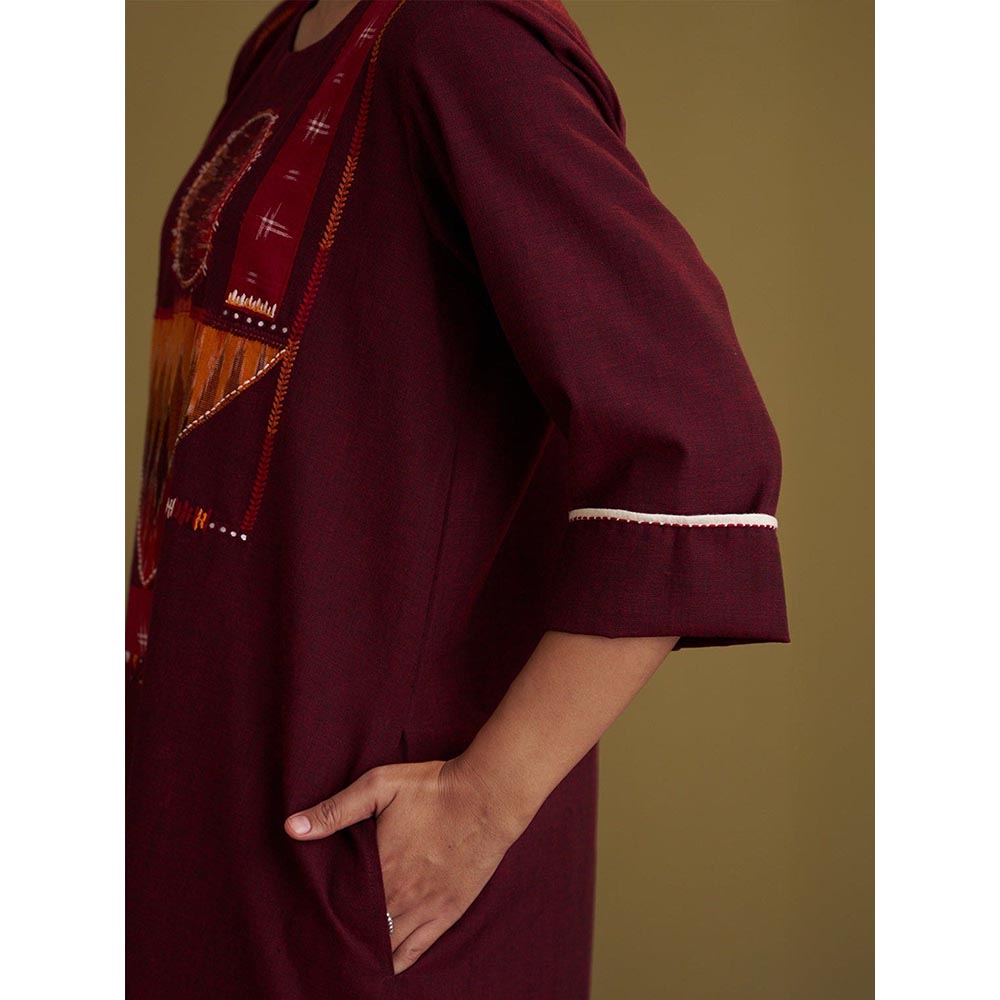 Vaaya Burgundy Handwoven Cotton and Ikat Handwork Kurta and Palazzo Set