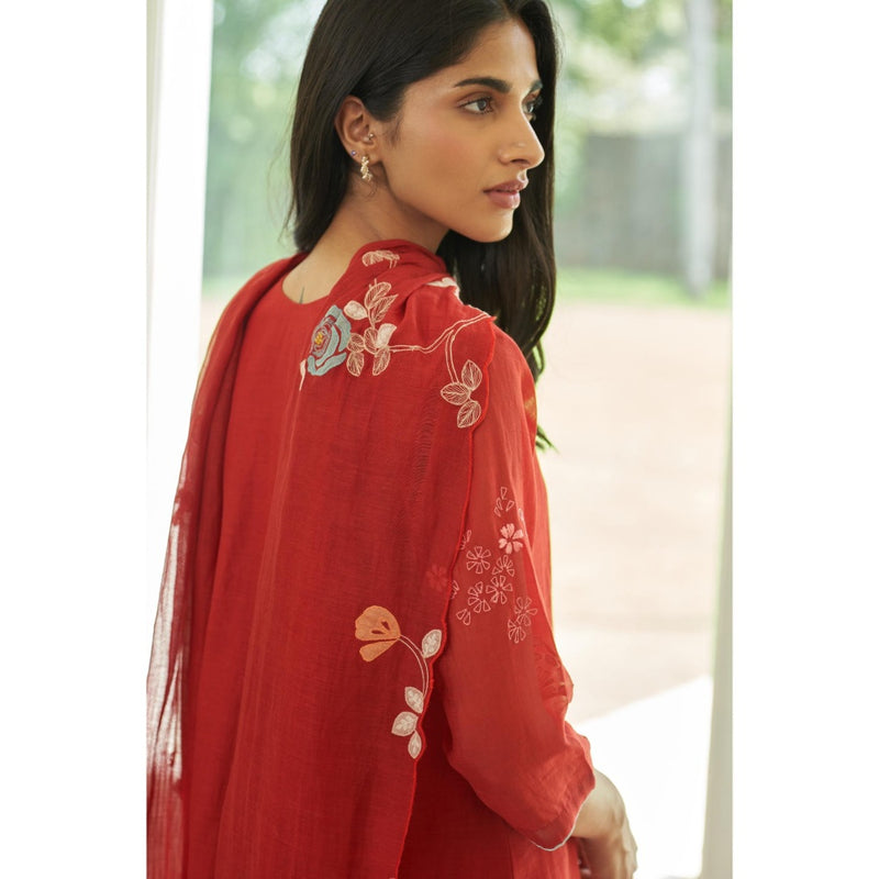 Vaayu Red Poppy Applique Embroidered Kurta with Pant and Dupatta