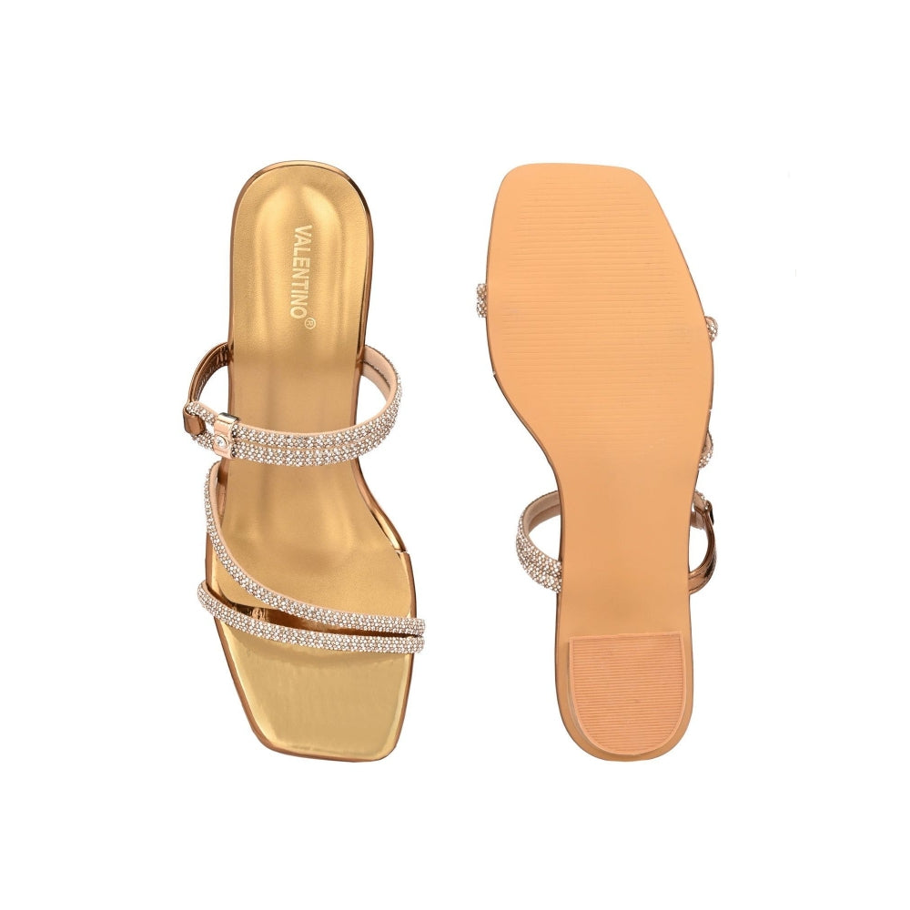 Valentino Women Antique Gold Rhinestone Strappy Block Heel Sandal