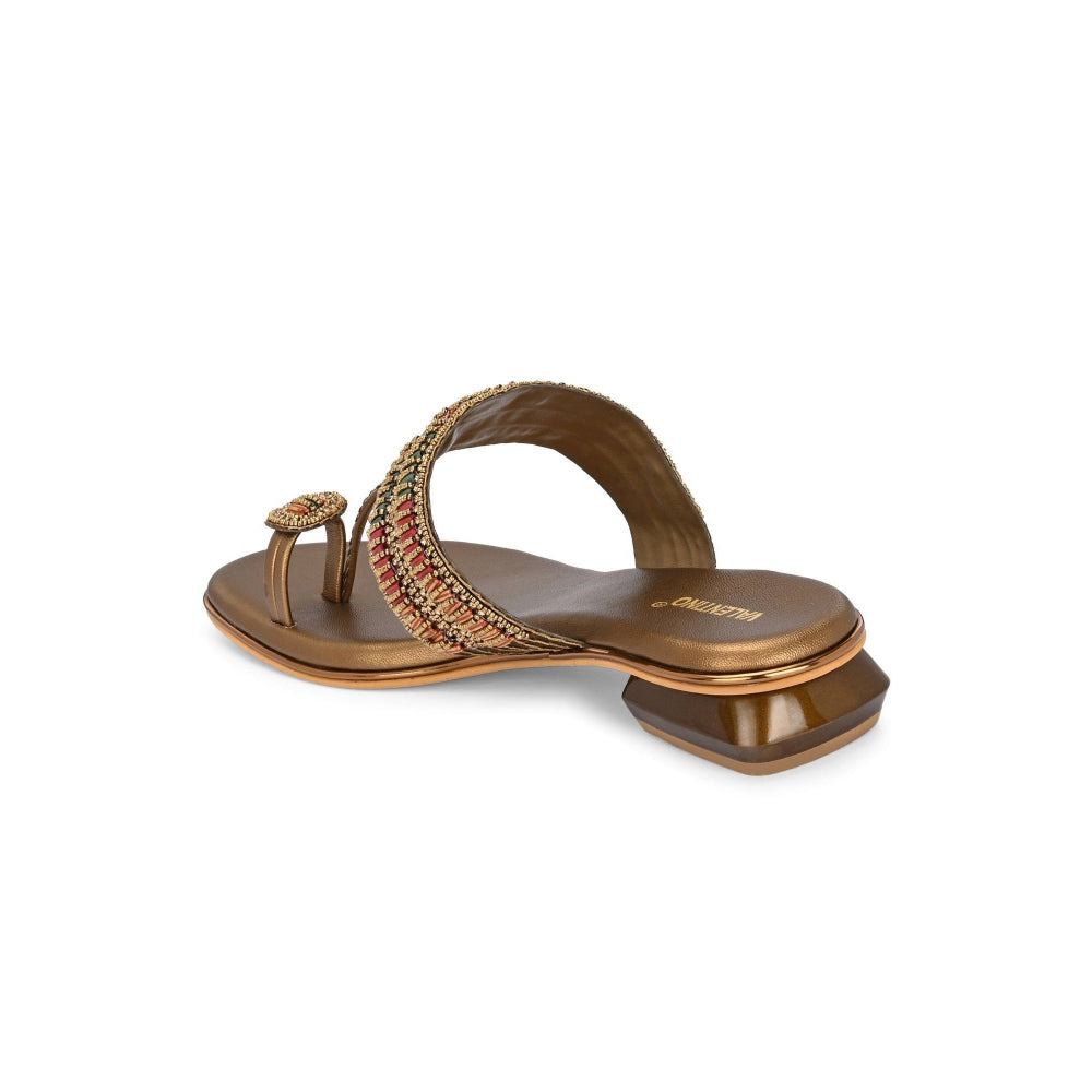 Valentino Women Gold Antique Beaded Toe Ring Flat Sandal