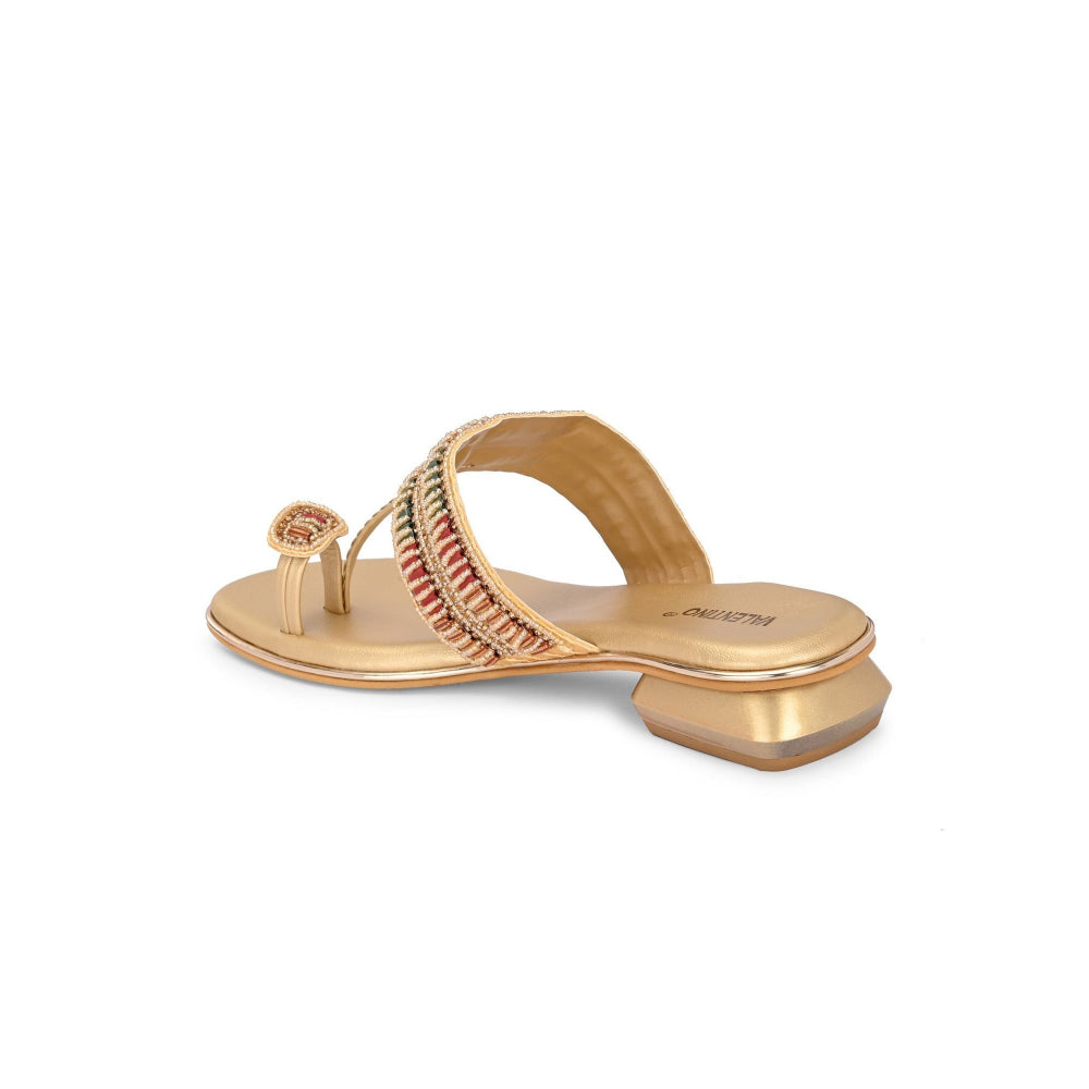 Valentino Women Beige Gold Beaded Toe Ring Flat Sandal