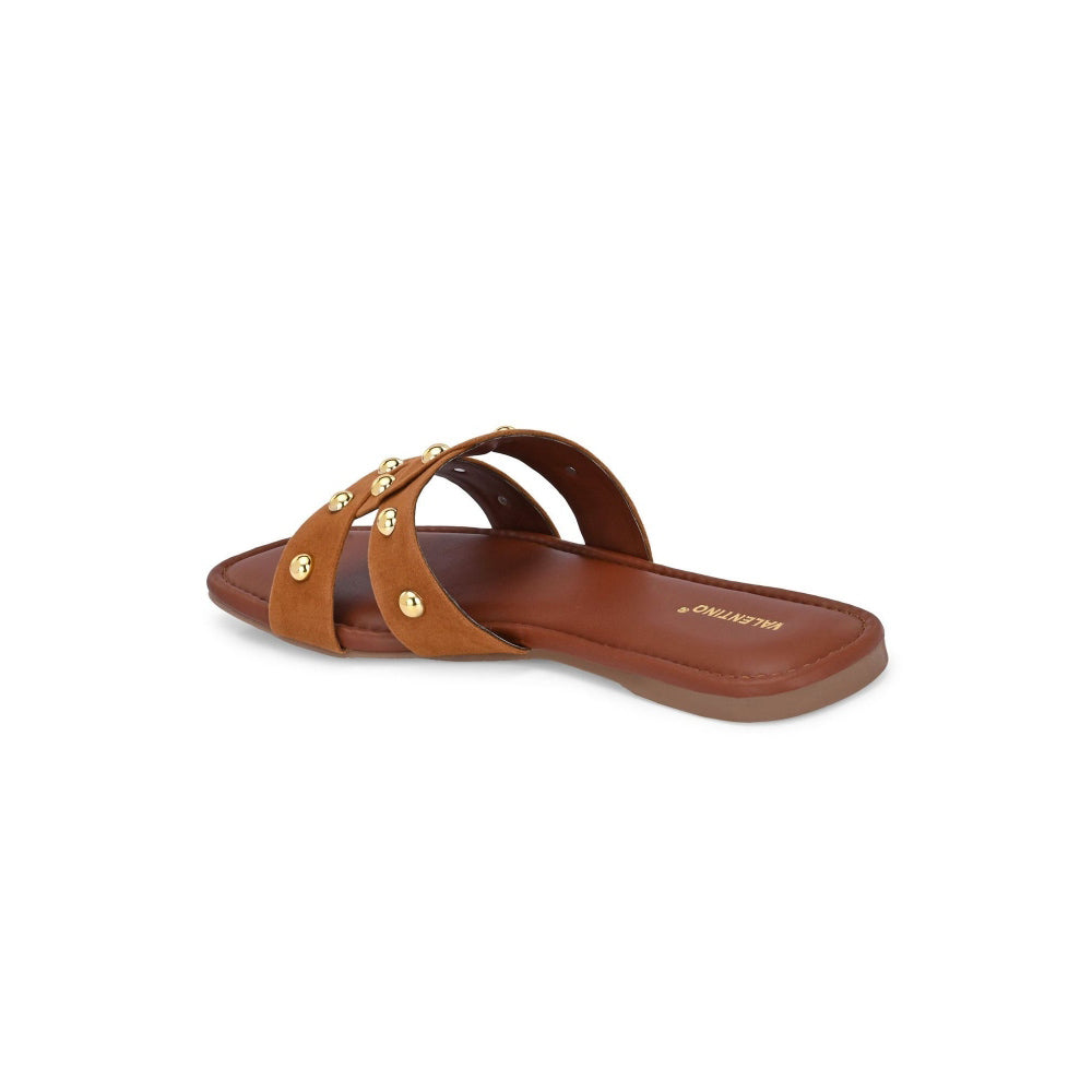 Valentino Women Tan Studded Cross Strap Flat Slide