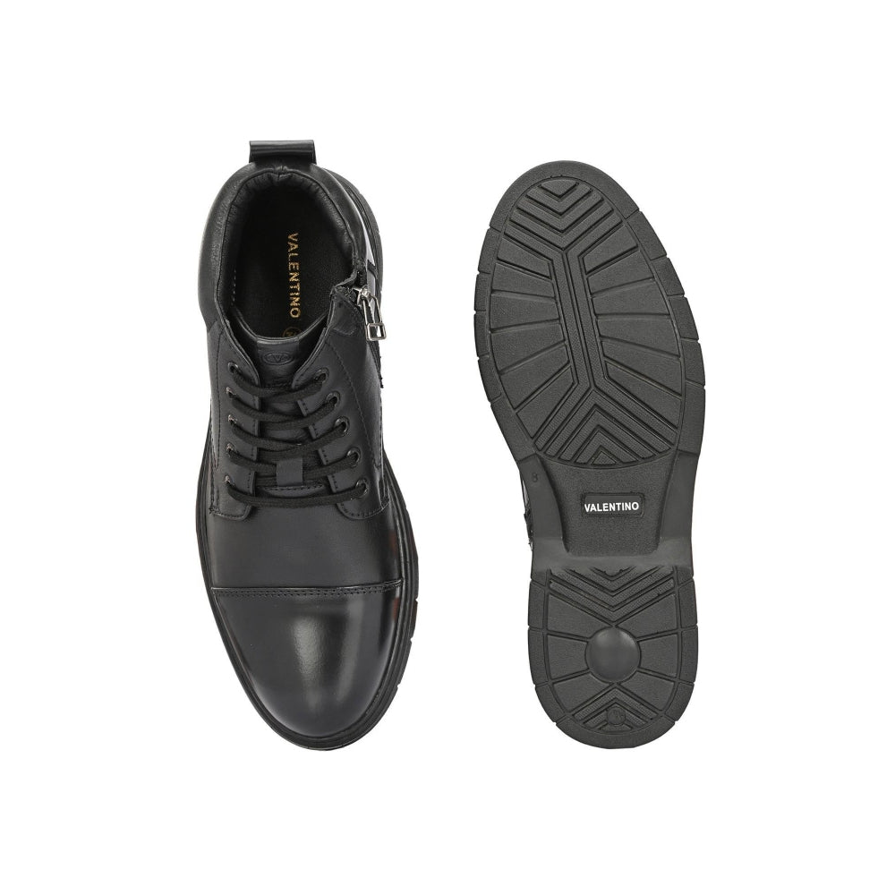Valentino Men Premium Leather Lace-Up Ankle Boots with Side Zipper