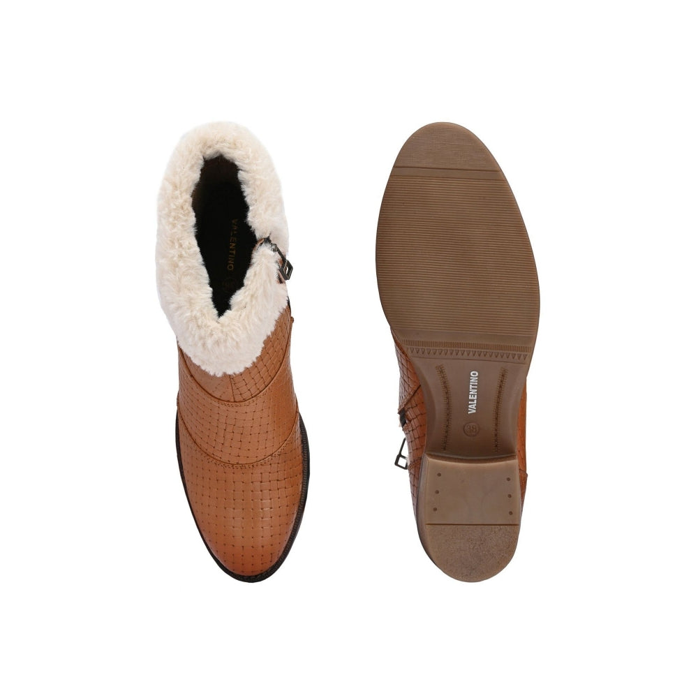 Valentino Women Textured Leather Ankle Zipper Boots With Fur Collar