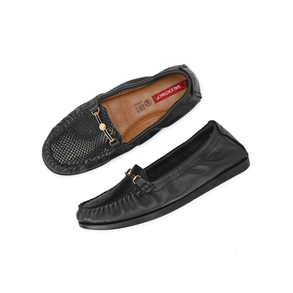 Valentino Women Black Premium Leather Formal Slip On Flexible Loafer