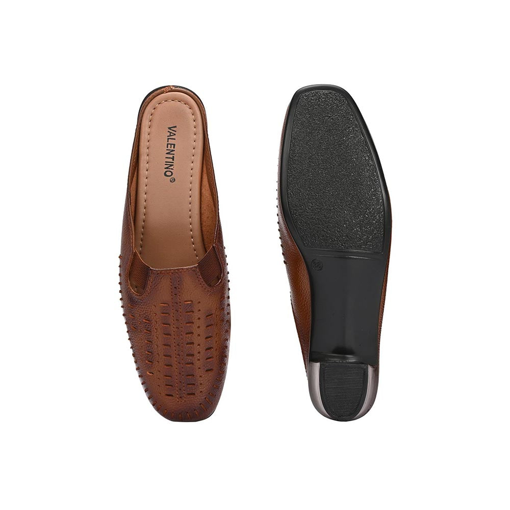 Valentino Women Tan Leather Cut-Out Heel Mules