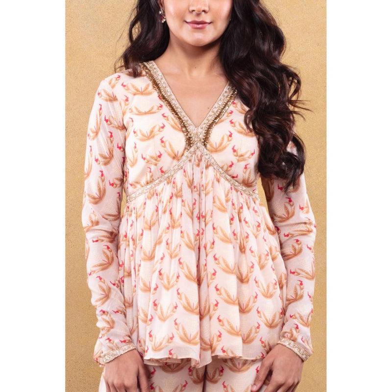 Vama Asher Blush Motif Peplum Beige Kurti With Palazzo (Set of 2)