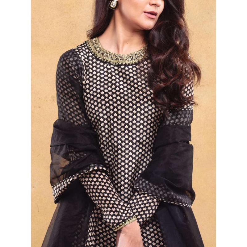 Vama Asher Black Butti Sharara With Kurti And Dupatta (Set of 3)