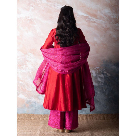 Vama Asher Red Angrakha Kurta With Palazzo And Dupatta (Set of 3)