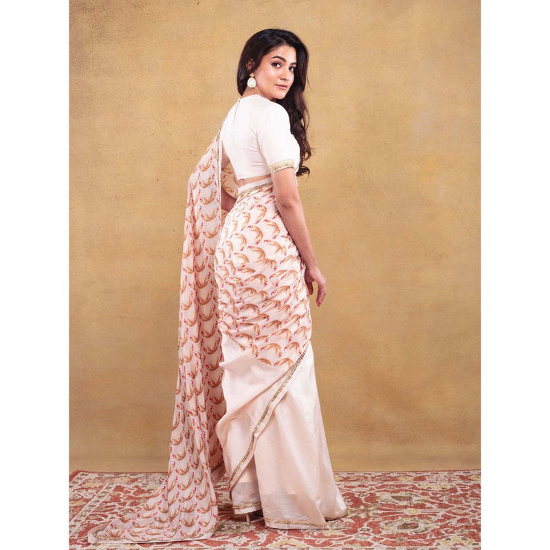 Vama Asher Ivory Motif Embroidered Saree with Unstitched Blouse