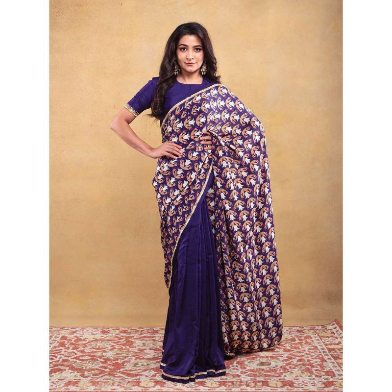Vama Asher Navy Blue Motif Embroidered Saree with Unstitched Blouse