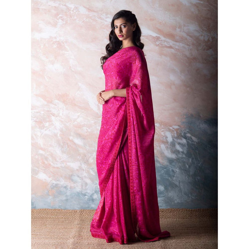 Vama Asher Cerise Pink Pomegranate Organza Saree with Unstitched Blouse