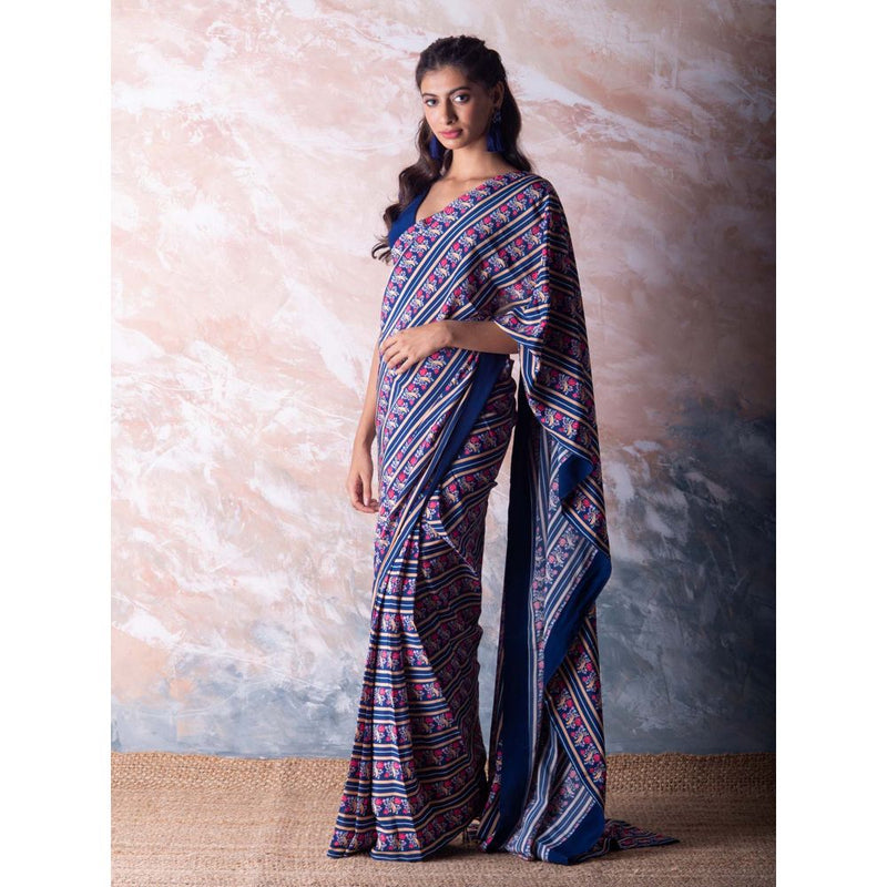 Vama Asher Navy Blue Bird Stripe Saree with Unstitched Blouse