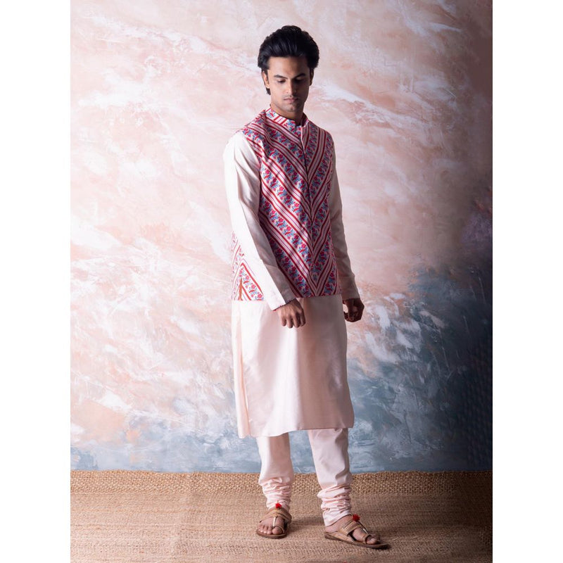 Vama Asher Blush Pink Stripe Nehru Jacket & Kurta with Churidar (Set of 3)