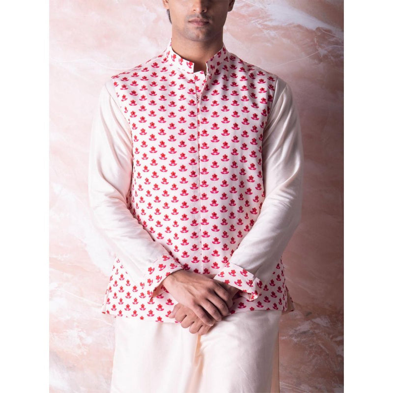 Vama Asher Off White Flower Butti Nehru Jacket & Kurta with Pant (Set of 3)