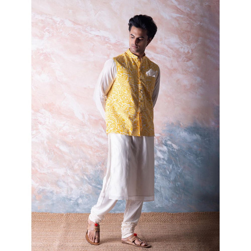 Vama Asher Canary Yellow Pomegranate Nehru Jacket & Kurta with Churidar (Set of 3)