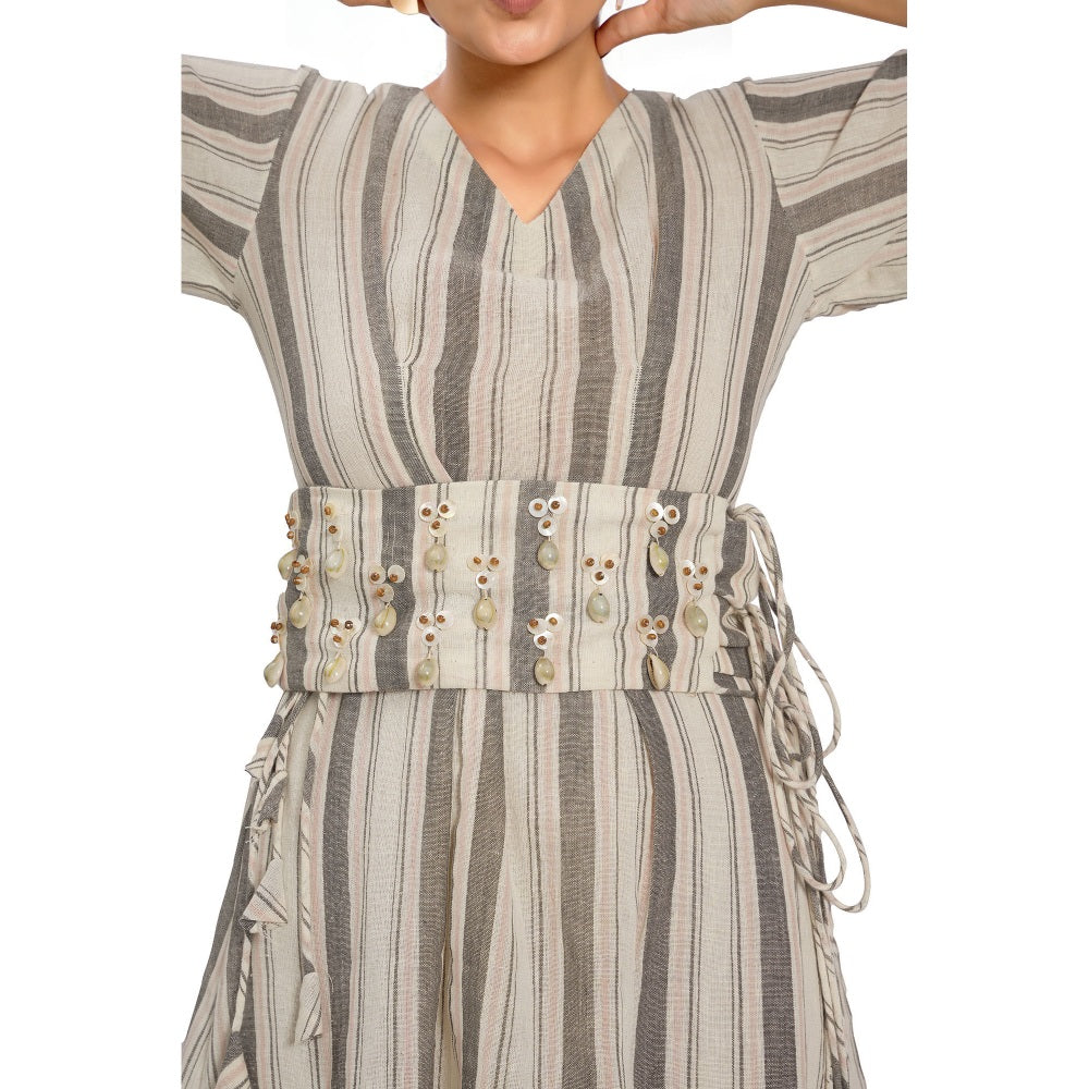 Vana Ethnics Off White Sustainable Striped Cotton Dress with Belt (Set of 2)