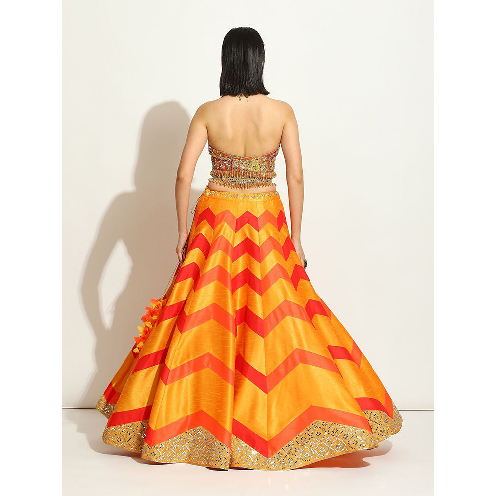 VANDANA SETHI Multicolored Flame Colors Lehenga in Chevron Style (Set of 3)