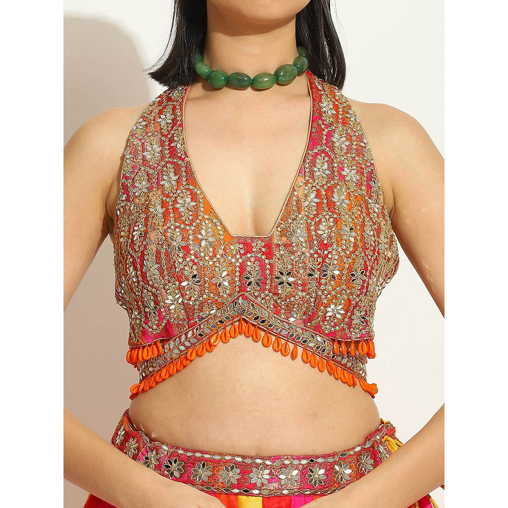 VANDANA SETHI Multicolored Lehenga with an Halter Brocade Blouse (Set of 3)