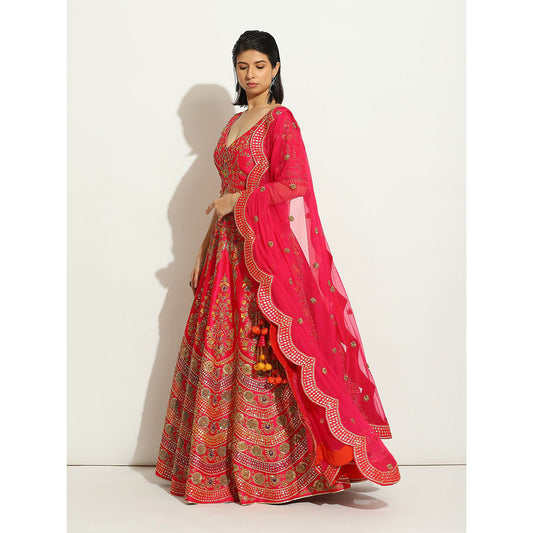 VANDANA SETHI Fuchsia Lehenga in Zardozi and Thread Work in a Scalloped Fashion (Set of 3)