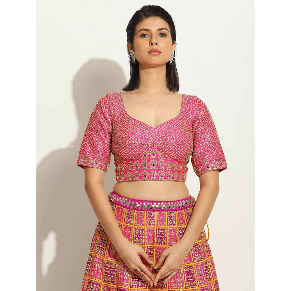VANDANA SETHI Fuchsia and Purple Lehenga with a Pop Up Of Sun Yellow (Set of 3)