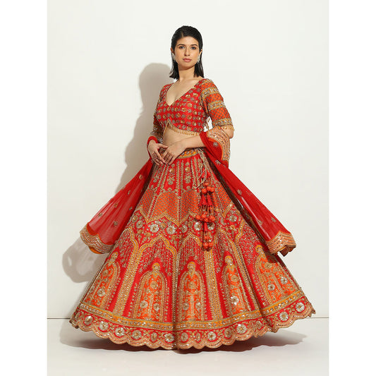 VANDANA SETHI Rust & Red Zardozi Lehenga with a Scalloped Dupatta (Set of 3)