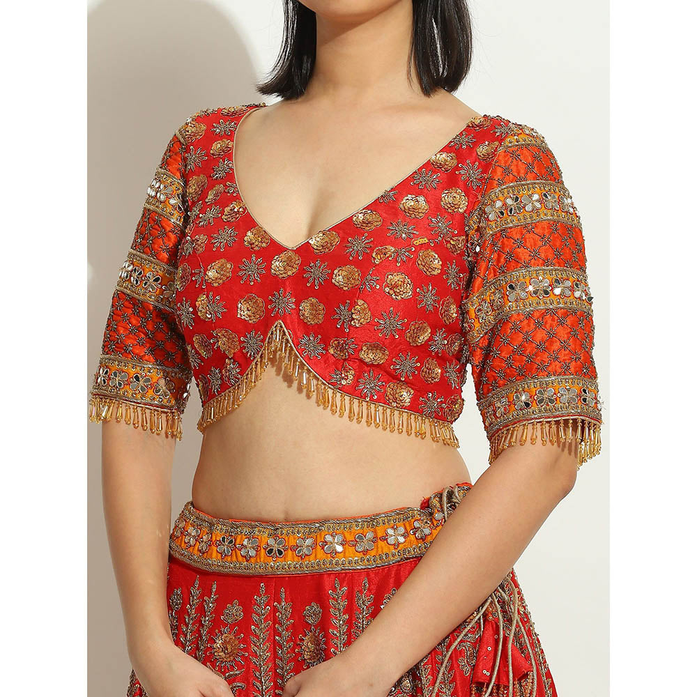 VANDANA SETHI Rust & Red Zardozi Lehenga with a Scalloped Dupatta (Set of 3)