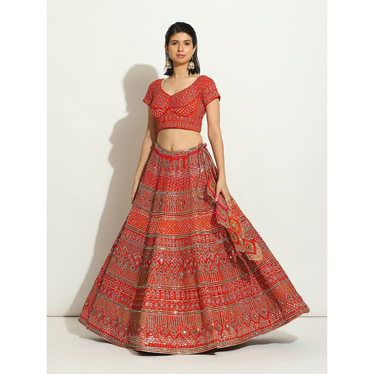 VANDANA SETHI Royal Red Coloured Lehenga with Zardozi and Thread Work (Set of 3)