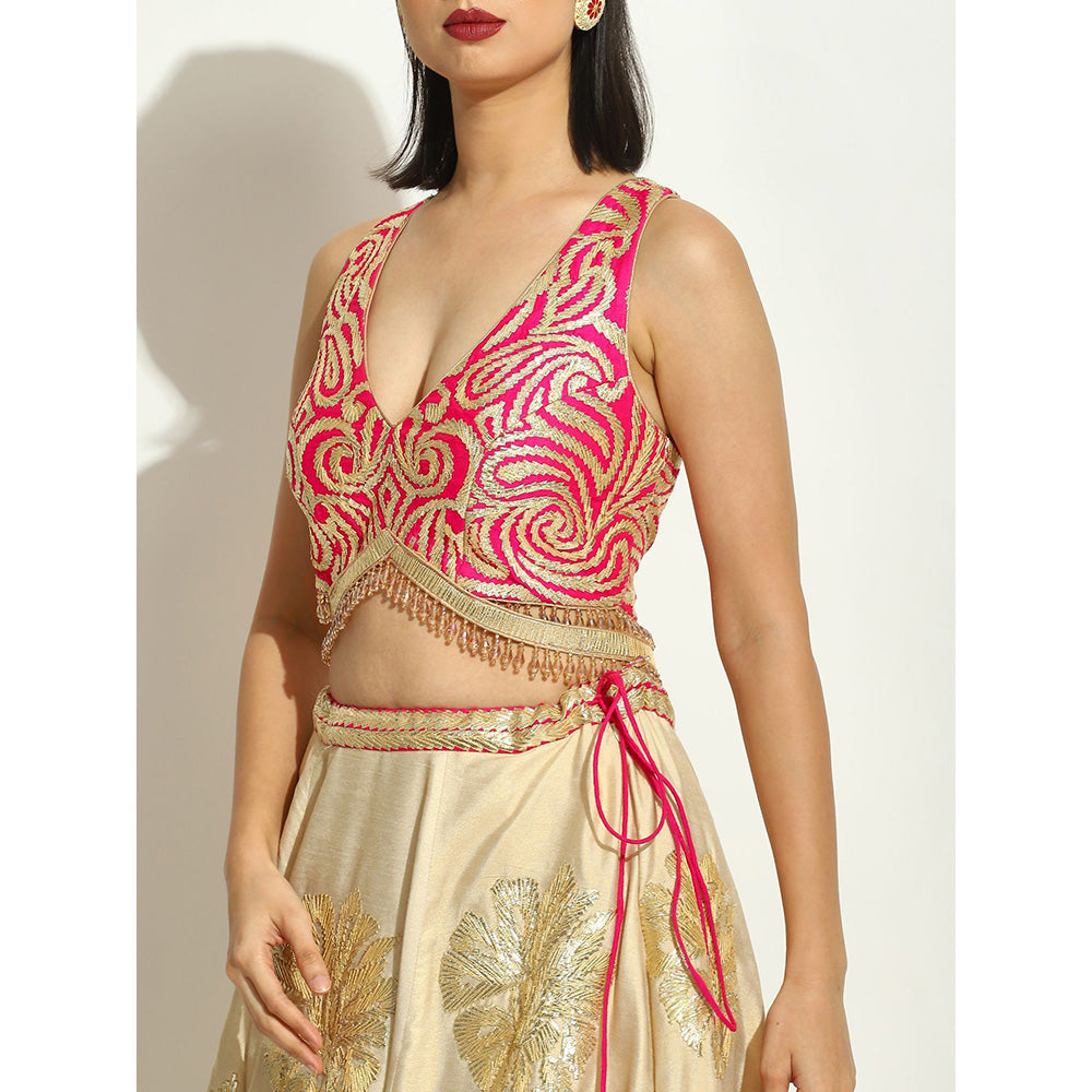 VANDANA SETHI Ivory Shimer Gold and Fuchsia Lehenga with a Halter Cut Blouse (Set of 3)