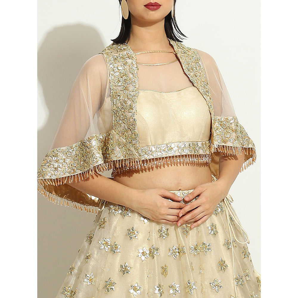 VANDANA SETHI Ivory Shimmer Organza Lehenga with a Shrug in Goat Work (Set of 3)