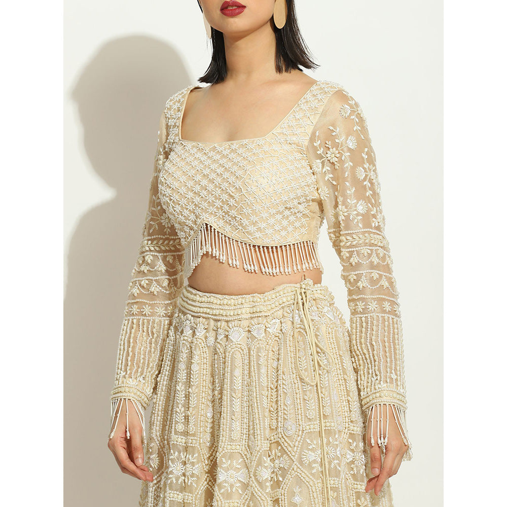 VANDANA SETHI Pearl Work Lehenga in a Shimmer Organza with Full Sleeves (Set of 3)