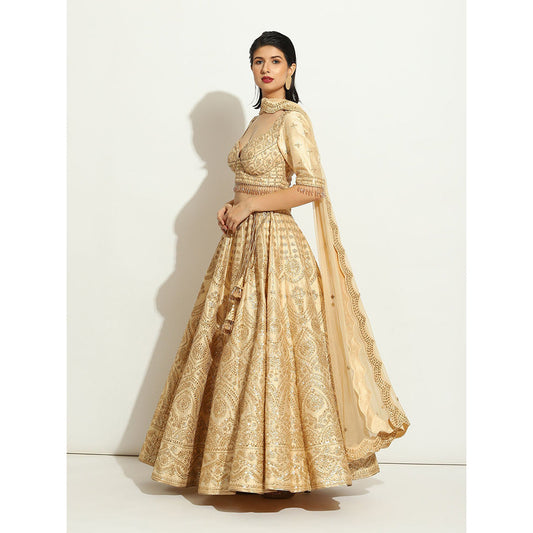 VANDANA SETHI Light Gold Sequin Work Lehenga in an Ivory Shimmer Raw Silk (Set of 3)
