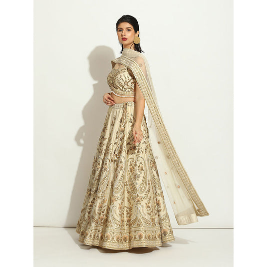 VANDANA SETHI Ivory Shimmer Raw Silk Lehenga with Zardozi and Sequin Work (Set of 3)