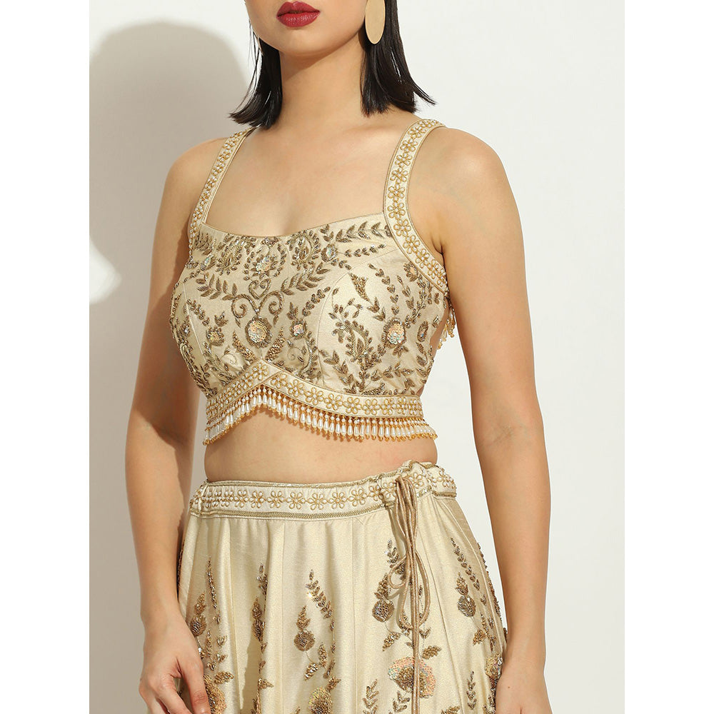 VANDANA SETHI Ivory Shimmer Raw Silk Lehenga with Zardozi and Sequin Work (Set of 3)