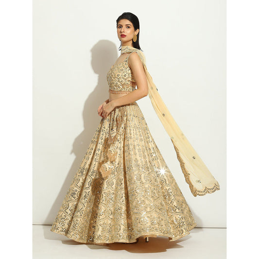 VANDANA SETHI Light Gold Lehenga with Mirror Work and a Criss Cross Blouse (Set of 3)